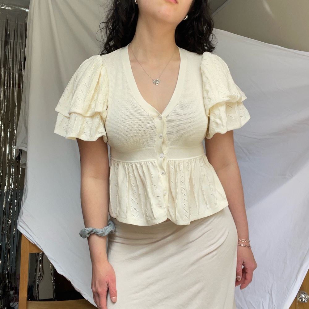 ba&sh Cream Ruffled Peplum Blouse